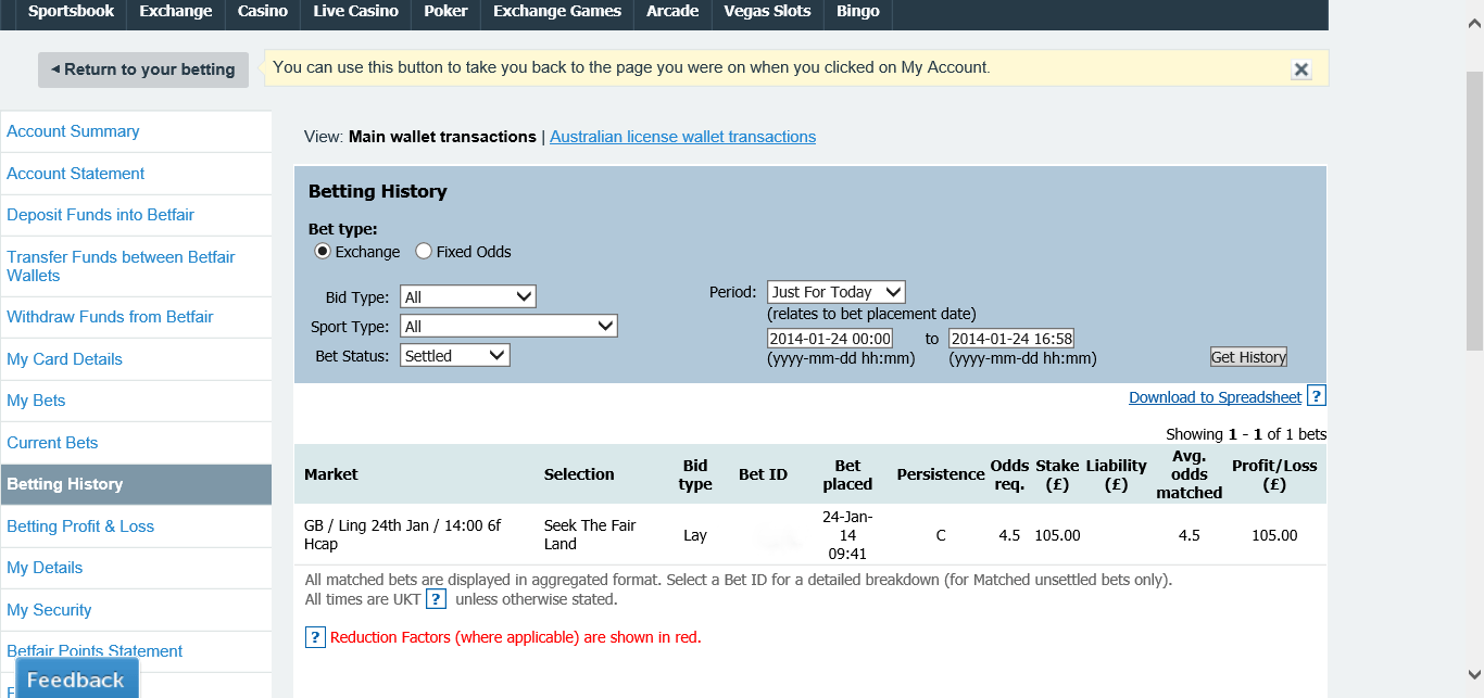 Seek The Fair Land (24th Jan 2014) - Advised at 9/2 (5.5) and you can see here despite this horse not winning we managed lay back our stake  at the lower odds of 7/2 (4.5) - meaning another RISK-FREE Market Mover bet on this race!